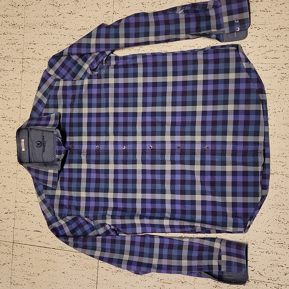 Bugatchi Purple & Gray Plaid Button Down Long Sleeve Casual Dress Shirt